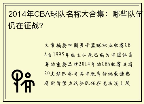2014年CBA球队名称大合集：哪些队伍仍在征战？