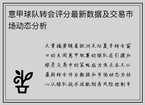 意甲球队转会评分最新数据及交易市场动态分析
