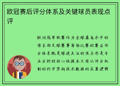 欧冠赛后评分体系及关键球员表现点评
